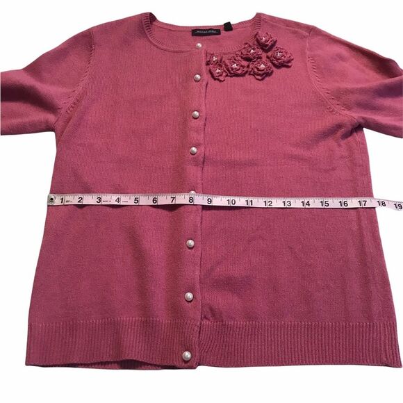 Vintage Pearl Button Floral Rosette Appliqué Rockabilly Cardigan Pink Sz M - Picture 6 of 12